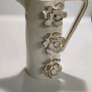 Brenda Holzke Studio B Cream Pitcher 3D Flowers & Gold Edging